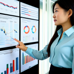 A professional Vietnamese businesswoman in her mid-30s, exuding confidence and expertise. She stands in a sleek, modern office, gazing intently at a large, translucent holographic display filled with complex data charts, graphs, and real-time marketing analytics. Her hand is poised near the display as if interacting with the data, while in the background, a subtle, ethereal representation of a traditional cork board with sticky notes fades away, symbolizing the transition from intuitive to data-driven marketing. She wears a modest, tailored business suit with a neat blouse. The office environment is bright, contemporary, and organized. perfect anatomy, correct proportions, natural pose, well-formed hands, proper finger count, natural body proportions, professional photography, high resolution, realistic, safe for work, appropriate content, fully clothed, professional.