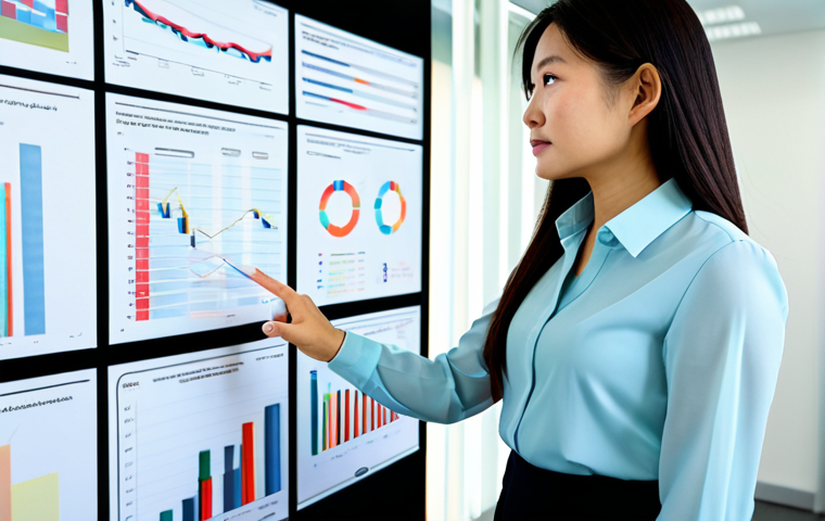 A professional Vietnamese businesswoman in her mid-30s, exuding confidence and expertise. She stands in a sleek, modern office, gazing intently at a large, translucent holographic display filled with complex data charts, graphs, and real-time marketing analytics. Her hand is poised near the display as if interacting with the data, while in the background, a subtle, ethereal representation of a traditional cork board with sticky notes fades away, symbolizing the transition from intuitive to data-driven marketing. She wears a modest, tailored business suit with a neat blouse. The office environment is bright, contemporary, and organized. perfect anatomy, correct proportions, natural pose, well-formed hands, proper finger count, natural body proportions, professional photography, high resolution, realistic, safe for work, appropriate content, fully clothed, professional.