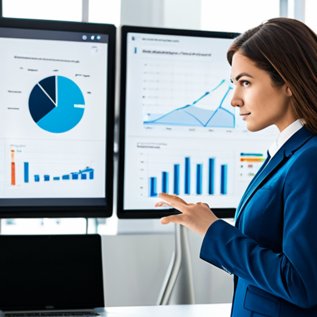 A professional individual, fully clothed in a modest business suit, with a confident and focused expression. The person stands in a modern, brightly lit office, interacting with large digital displays that clearly show detailed marketing data dashboards, analytical charts, and a visible marketing funnel. They gesture thoughtfully towards the data, conveying strategic analysis and decision-making. The environment is a clean, contemporary office with natural light and subtle technological elements. Perfect anatomy, correct proportions, natural pose, well-formed hands, proper finger count, natural body proportions, professional photography, high resolution, realistic, sharp focus, vibrant colors, safe for work, appropriate content, fully clothed, professional dress.