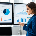 A professional individual, fully clothed in a modest business suit, with a confident and focused expression. The person stands in a modern, brightly lit office, interacting with large digital displays that clearly show detailed marketing data dashboards, analytical charts, and a visible marketing funnel. They gesture thoughtfully towards the data, conveying strategic analysis and decision-making. The environment is a clean, contemporary office with natural light and subtle technological elements. Perfect anatomy, correct proportions, natural pose, well-formed hands, proper finger count, natural body proportions, professional photography, high resolution, realistic, sharp focus, vibrant colors, safe for work, appropriate content, fully clothed, professional dress.