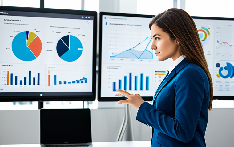 A professional individual, fully clothed in a modest business suit, with a confident and focused expression. The person stands in a modern, brightly lit office, interacting with large digital displays that clearly show detailed marketing data dashboards, analytical charts, and a visible marketing funnel. They gesture thoughtfully towards the data, conveying strategic analysis and decision-making. The environment is a clean, contemporary office with natural light and subtle technological elements. Perfect anatomy, correct proportions, natural pose, well-formed hands, proper finger count, natural body proportions, professional photography, high resolution, realistic, sharp focus, vibrant colors, safe for work, appropriate content, fully clothed, professional dress.